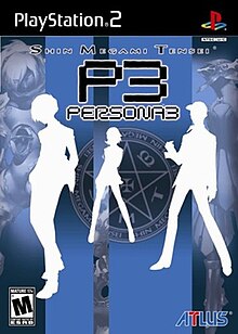 Cover art depicting white silhouettes of the protagonist and the characters Yukari and Junpei against a blue background, with greyscale versions of the characters' Personas along with the North American Shin Megami Tensei series logo behind them