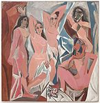 Les Demoiselles d'Avignon; by Pablo Picasso; 1907; oil on canvas; 2.43 × 2.3 m; Museum of Modern Art[260]
