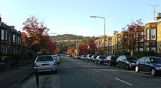 Corstorphine Hill, seen in the south from a residential street in the Balgreen area
