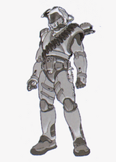 Early concept sketch done in pencil of a thin character, replete with bandoliers and other additional equipment in addition to his armor
