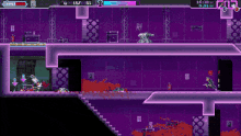 A 21-second GIF that shows the player character in a purple room, being pursued by enemies before using a slow motion effect to dodge and kill them. The heads-up display at the top shows (from left to right) the amount of slow motion they can use, the number of deaths, the time limit, the total elapsed time, and the player's on-hand weapons.