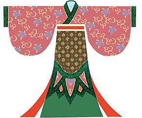 Modern pictorial reconstruction of Swallow-tailed Hems and Flying Ribbons clothing as in Admonitions of the Court Instructress and Nymph of the Lo River