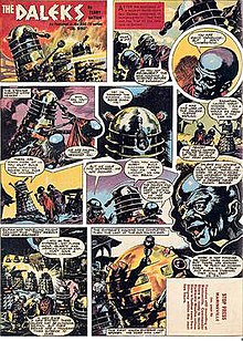 A comics page with eleven panels. The first panel contains the title "The Daleks" in jagged white letters. Subsequent panels show Dalek cylinders (slightly narrower than those depicted in previous images) and blue-skinned humanoids with bulbous heads. The last panel shows a gold-coloured Dalek-like shape with a large spherical top.