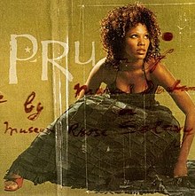 An image of a woman with a long black dress who is hunched over. The letters "PRU" appear against a gold background along with scattered red cursive writing.