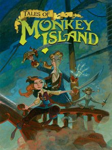 The stylized cover artwork shows the characters Elaine and Guybrush, both wielding swords, on a ship together with a monkey.