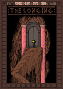 A silhouette with a pointed nose and yellow eyes stands at the top of a zig-zagging, brown, stone staircase, which leads up to an enclosed door with pink columns on both sides. The logo, in all caps and surrounded by colons on both sides, hovers above. A brown tile pattern acts as a border for the whole cover. Within the border is a timer marking 399 days, 23 hours, 59 minutes, and 59 seconds.