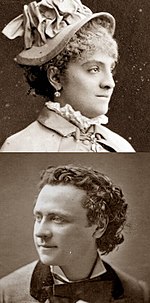 head and shoulders shots of young woman in right profile, wearing small hat, and young man with longish dark hair in left profile