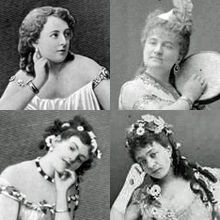 head shots of four white prima donnas in operatic costumes