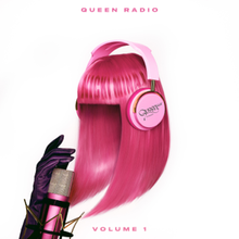 Cover art for "Queen Radio: Volume 1": Disembodied accessories—a pink wig, pink headphones, and black gloves—in front of a microphone