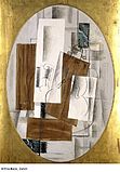 Georges Braque, 1914, Violon et verre (Violin and Glass), oil, charcoal and pasted paper on canvas, oval, 116 × 81 cm, Kunstmuseum Basel