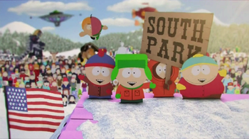 four of the main five boys are in the foreground, waving at the viewer. Kenny is climbed on a wooden sign labeled "SOUTH PARK". In the background, the entire population of the city and all the other characters present on the show have gathered, looking at the viewer also.