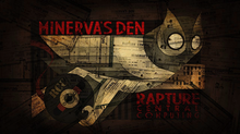 A representation of an owl carrying a record in its talons. In red lettering next to the owl is 'Minerva's Den' and 'Rapture Central Computing'.