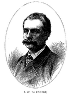An illustration of a mustached man in an oval frame. The text "J. W. De Forest" is printed at the bottom and a bald man in a dark suit looks to the right.