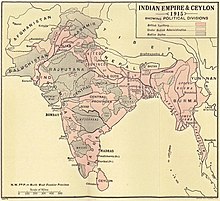 A map of the Indian Empire in 1915 delineating areas which were in the British Raj and those which were princely kingdoms.