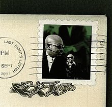 A letter's postal stamp with the duo's image on it. On the left is the release date seal and below it is the duo's logo.