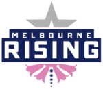 A central banner with the name "Melbourne Rising" on two lines in white capitals on a navy blue background. Above and behind the banner is the top half of a large rising star, outlined in grey; and below the banner, four Pink Heath flowers arranged in profile and a line of five stars in navy blue.