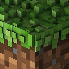 Close-up image of a Minecraft grass block rendered in 3D, viewed from a 30° isometric angle