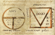 T and O map accompanied by a V-in-square map, from a copy of the Etymologiae (c. late 8th century).