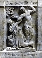 drawing in the style of a bas-relief showing two dancers, one as a young woman, one as a faun in semi-human form
