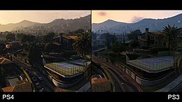 The city of Los Santos being rendered on the PlayStation 4 on the left, and the PlayStation 3 on the right. Improved texture effects, lighting and draw distances are visible on the PlayStation 4 version.