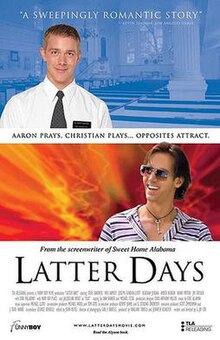 Theatrical release poster for Latter Days, showing Steve Sandvoss as missionary Aaron and Wes Ramsey as party boy Christian.