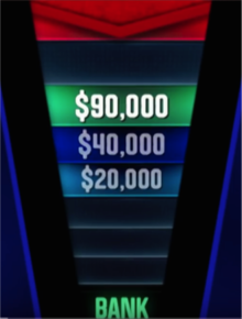 A screenshot from the American game show The Chase illustrating gameplay, in which a contestant has selected the higher $90,000 offer from the chaser, who in turn is two spaces behind the contestant on the gameboard