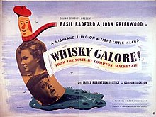 The faces of Basil Radford and Joan Greenwood appear in a cartoon whisky bottle; the top of the bottle wears a Tam o' shanter and tartan scarf