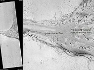 Lethe Vallis, as seen by HiRISE. Flow was from southwest to northeast. Wider part of Lethe Vallis had less erosive power, so mesas are left behind from pre-existing material. Scale bar is 500 meters long.
