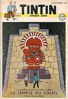 The cover of the first issue of Tintin magazine shows Tintin and Haddock approaching a large Inca statue.