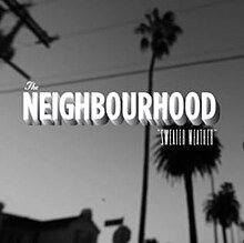 The band's and song's names stylized like the title card of a classic Hollywood movie over a blurry photo of palm trees and power lines shot from below.