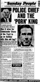 The front page of The Sunday People, showing the headline "Police Chief and the 'Porn' King", and a sub-headline "Was it wise for Commander Drury of the Yard to go on holiday with this old lag?" There are pictures of Drury and Humphreys on the cover