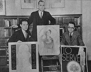 (Center). Prize-winning trio, each with their own poster. Location: Girl Scouts' national head­quarters in Manhattan, 1931.