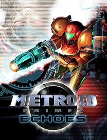 Samus holds up her arm cannon. A large crosshair-like symbol stands over her cannon, and other icons from the gameplay are seen on the right side of the image. Behind the person, a bird-like creature on a white background and a creature with a big red eye on a black one. In the bottom of the image, the title "Metroid Prime" in front of an insignia with a metallic ball with a black core.
