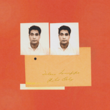 Orange background with two identical passport-sized photos of a man. Below is a light orange envelope, which has writing, "Teleso Leaupepe Photos Only", in faded ink.