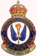 Crest of 1 Flying Training School, Royal Australian Air Force, featuring blue wings surrounding a flaming torch, and the motto "Cogito ergo sum"