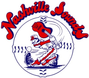A red, white, and blue cartoon baseball player swinging at a baseball with a guitar in place of a bat, set against a baseball with "Nashville Sounds" written above in red letters with blue border