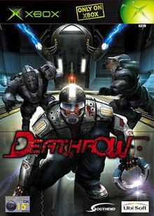 Padded man with helmet crouches with circular disc in an arena behind the red Deathrow logo inlaid as the Xbox game's European cover art