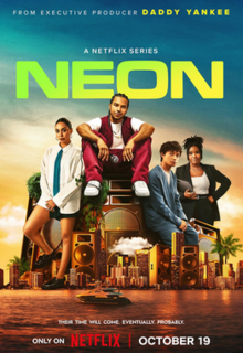 The poster shows the stars posing together over the Miami skyline, left to right: Emma Ferreira, Tyler Dean Flores, Jordan Mendoza, and Courtney Taylor. The background is a cerulean sky with yellow and pink tones.
