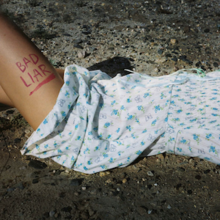 A portrait of Gomez laying on a batch of rocks in a periwinkle babydoll dress embroidered with flowers and butterflies. The song's title is written in red lipstick on her one thigh.