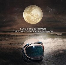 A graphic of an astronaut helmet on a beach with the moon shining behind it