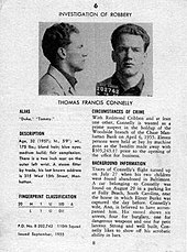 Black-and-white image of a page from a booklet of wanted criminals. There are front and side view mug shots of a man at the top of the page, and text describing crimes he committed below.