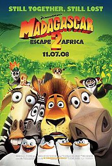 Theatrical release poster showing close-ups of Alex, Marty, Gloria and Melman, with King Juilen, Maurice and Mort on top of their heads, and below are the penguins, all on the foreground. The background is a group of animals behind them. The tagline "Still together, still lost" is displayed in the top corner. "Madagascar: Escape 2 Africa" is written in the middle corner. The release date "11.07.08" is displayed on the bottom corner.