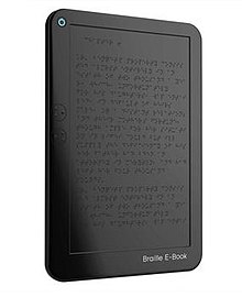 Photo of Braille e-book the size and shape of a computer tablet