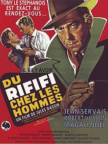 Movie poster illustrates Tony "le Stephanois" wearing a green jacket over a red background. In the background Jo "le Suédois" attempts to pull a telephone away from his wife. Text at the top of the image includes the tagline "Tony le Stephanois est exact au rendez-vous...". Text at the bottom of the poster reveals the original title and production credits.