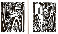 Two pages from a woodcut novel by Frans Masereel