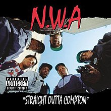 The members of N.W.A look down to the camera and Eazy-E points a gun to it