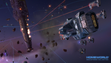 A group of enemy space ships attack the burning mothership with beam and missile weapons.