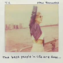 Cover artwork of Taylor Swift's single "New Romantics", showing Swift standing on a ferry with the NYC skyline in the background