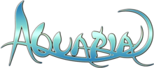 The word AQUARIA, written in a curved, flowing font is overlaid on a black background. The word itself fades vertically from blue to white and back to blue.