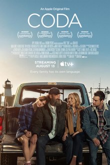 A family of four (with a couple and their children) sits on the back of a pickup truck near the port. The tagline above it reads "Every family has its own language." The poster shows the film's titles, awards from the Sundance film festival, and a list of cast members.